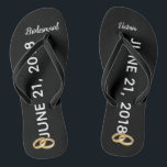 Custom Wedding Ring Bridesmaid Bridal Flip Flops<br><div class="desc">These black and white bridal flip flops can be customized with the bridesmaid's name. The wedding flip flops says 'Bridesmaid' and have a place to enter the wedding date. Each shoe also has pictured two gold wedding rings. Bridal flip flops make a nice addition to a beach wedding.</div>
