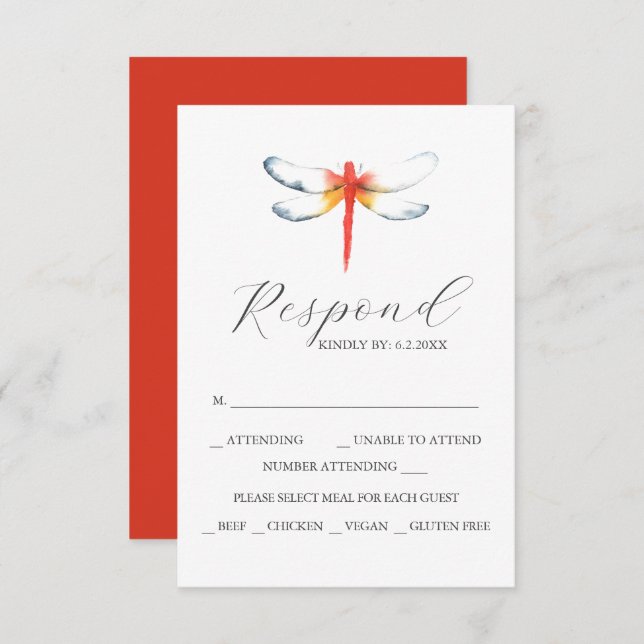 Custom Wedding RSVP Cards Red Dragonfly (Front/Back)