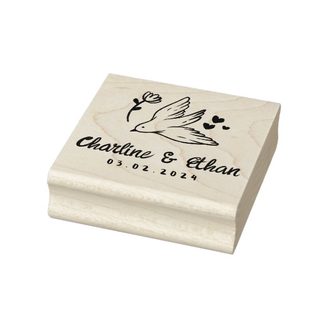 Custom Wedding Rubber Stamp with Bird , Hearts (Stamp)