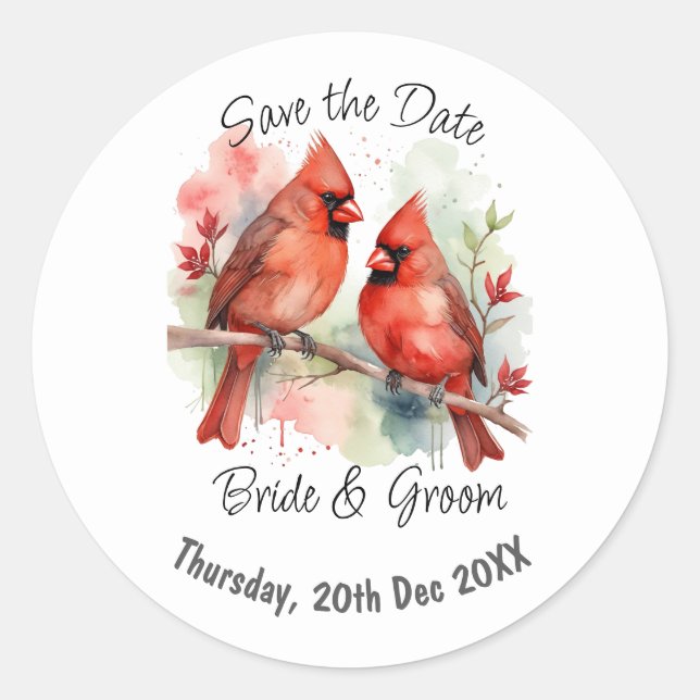 Custom Wedding Save the Date Christmas Cardinal Classic Round Sticker (Front)
