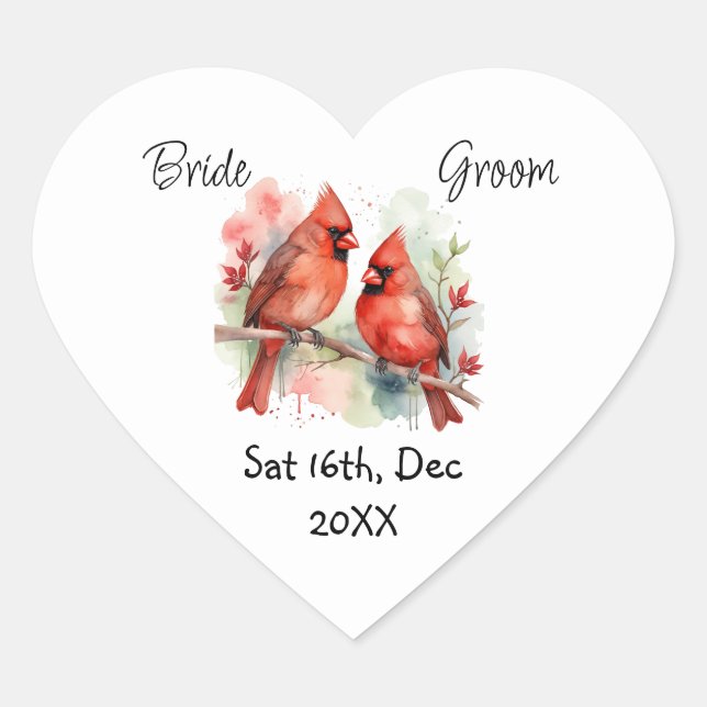 Custom Wedding Save the Date Christmas Cardinal Heart Sticker (Front)