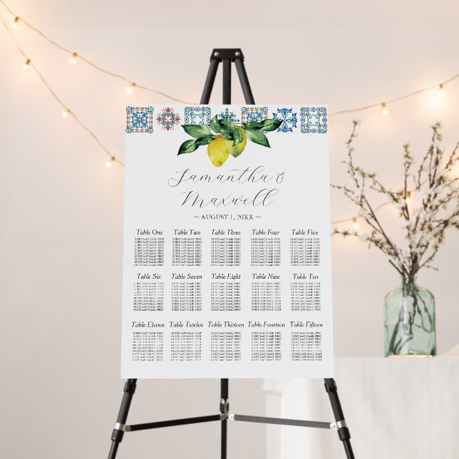Custom Wedding Seating Chart Lemons and Blue Tile Foam Board (In Situ (Stand))