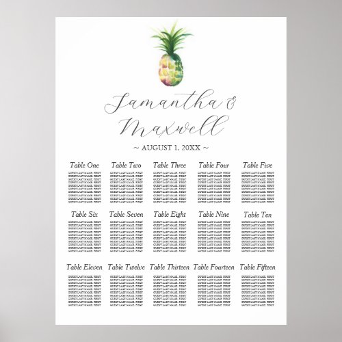 Custom Wedding Seating Chart Watercolor Pineapple