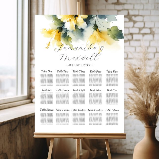 Custom Wedding Seating Chart Yellow Flowers Foam Board (Yellow hibiscus flower wedding seating chart)