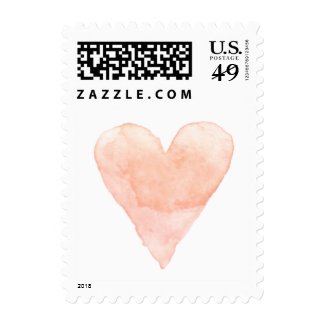 Custom wedding postage stamps with coral watercolor heart at UniqueRusticWeddingInvitations.com