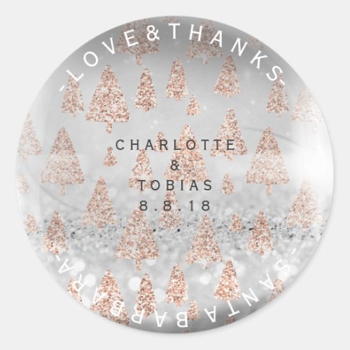 Custom Wedding Thanks Pink Rose Christmas Tree Classic Round Sticker