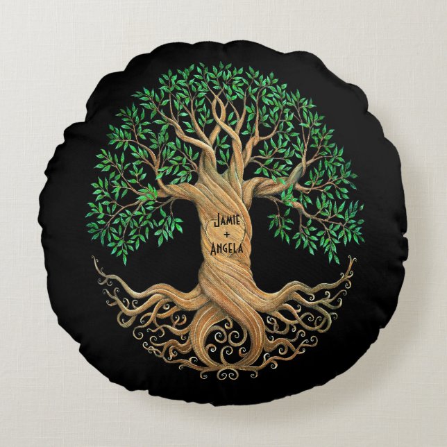 Custom Wedding Tree Carved Heart with Names Round Pillow (Front)