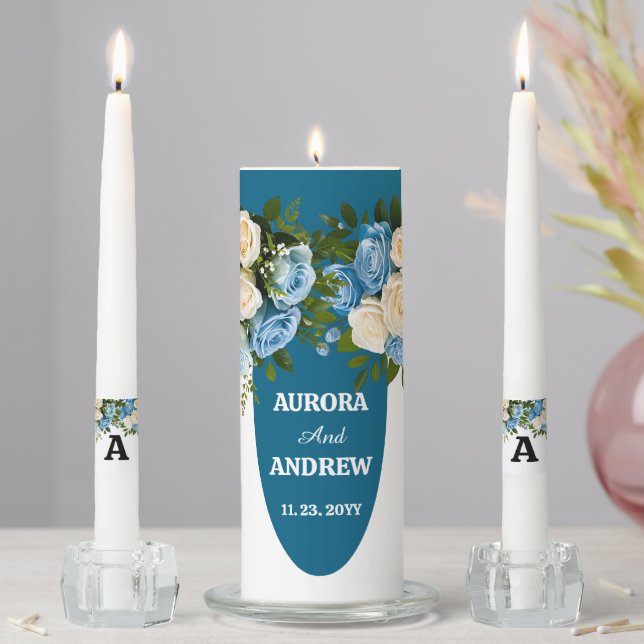 Custom Wedding Unity Candle with Blue Roses (In Situ)