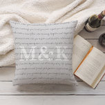 Custom Wedding Vow Keepsake Throw Pillow<br><div class="desc">Creative wedding vow keepsake throw pillow in pale gray features your initials in white, with your wedding vows overlaid in handwritten script lettering. Paste your wedding vows into the template field, then click to "customize further" where you can adjust fonts and sizes. Pillow reverses to wide gray and white stripes....</div>