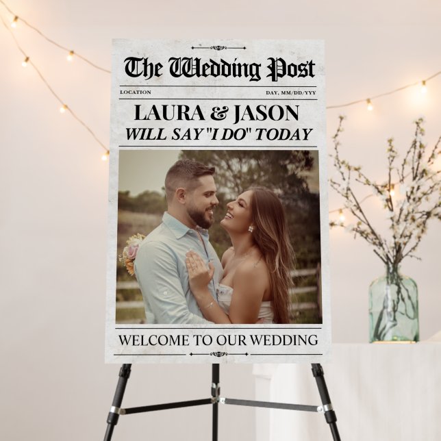 Custom Wedding Welcome Sign Newspaper Wedding (In Situ (Stand))
