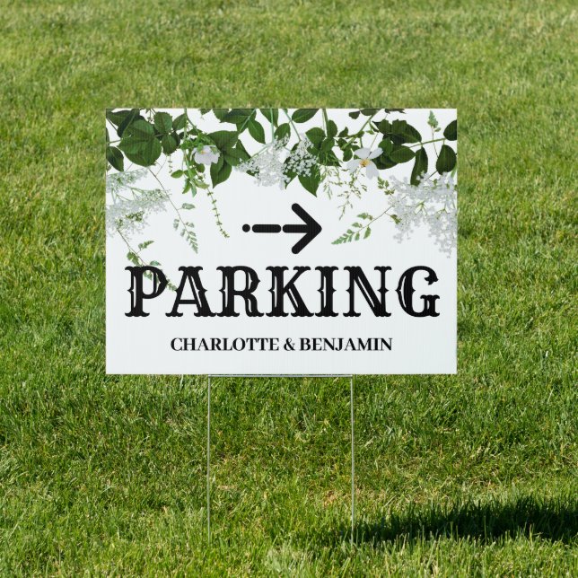 Custom Wedding White Floral Parking Direction Sign (Insitu)