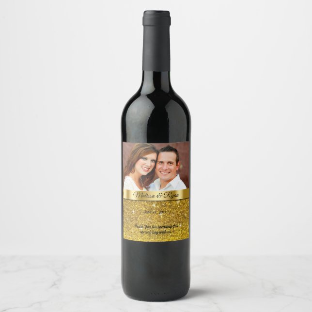 Custom Wedding Wine Label, Gold Glitter, Sparkle Label (Front)