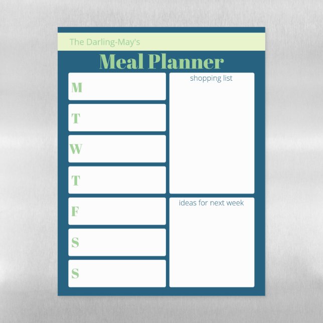 Custom Weekly Meal Planner Grocery List Blue Green Magnetic Dry Erase Sheet (Vertical)