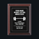 Custom weight lifting championship sports prize award plaque<br><div class="desc">Make your own custom weight lifting champion team trophy prize Award Plaque. Add your own name and text. Official looking plaque with puck and sticks logo design. Navy blue or custom color background. Present this award to bodybuilders, world's greatest fitness coach, team boss, club instructor, high school coach, personal trainer,...</div>