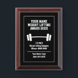 Custom weight lifting championship sports prize award plaque<br><div class="desc">Make your own custom weight lifting champion team trophy prize Award Plaque. Add your own name and text. Official looking plaque with puck and sticks logo design. Navy blue or custom color background. Present this award to bodybuilders, world's greatest fitness coach, team boss, club instructor, high school coach, personal trainer,...</div>