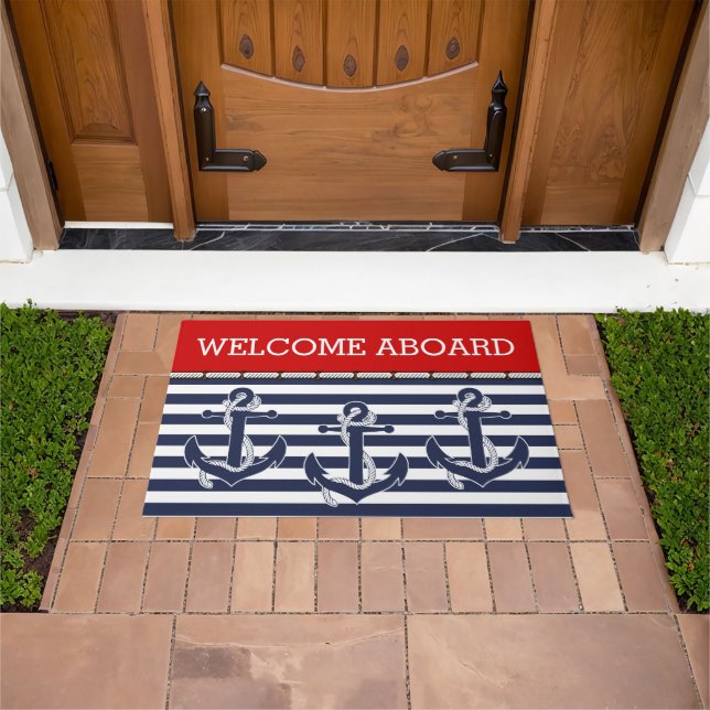 Custom Welcome Aboard Anchors Stripes Pattern Doormat (Outdoor)