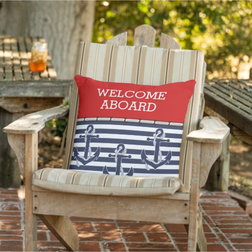 Custom Welcome Aboard Anchors Stripes Pattern Outdoor Pillow