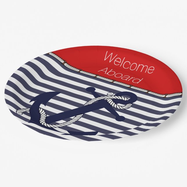 Custom Welcome Aboard Anchors Stripes Pattern Paper Plates (Angled)