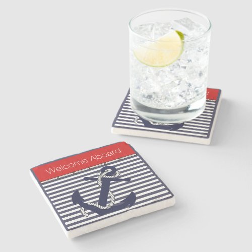 Custom Welcome Aboard Anchors Stripes Pattern Stone Coaster
