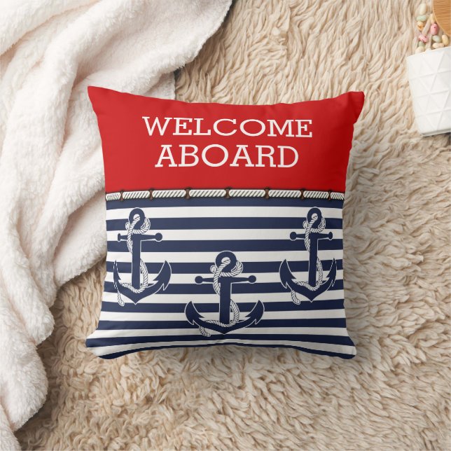 Custom Welcome Aboard Anchors Stripes Pattern Throw Pillow (Blanket)