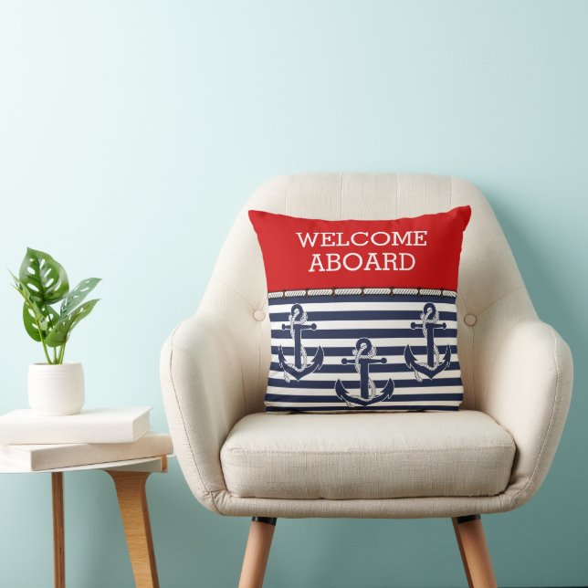 Custom Welcome Aboard Anchors Stripes Pattern Throw Pillow (Chair)
