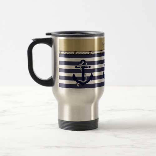 Custom Welcome Aboard Anchors Stripes Pattern Travel Mug