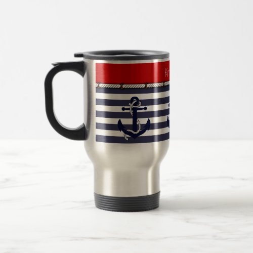 Custom Welcome Aboard Anchors Stripes Pattern Travel Mug