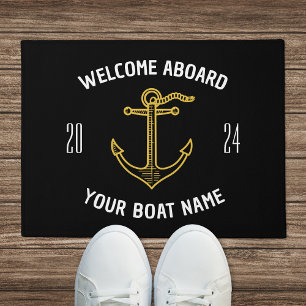 Custom Welcome Aboard Boat Name Black & Gold Doormat