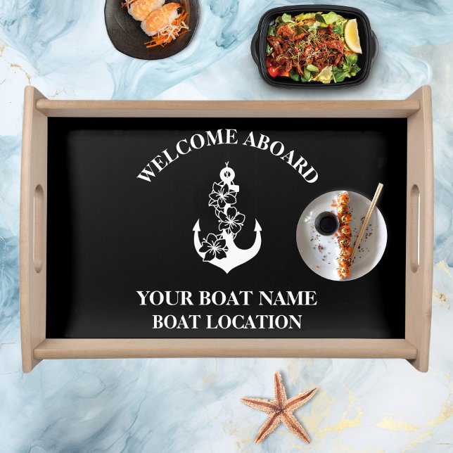 Custom Welcome Aboard Boat Name Floral Anchor Serving Tray (Creator Uploaded)