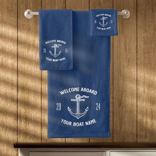 Custom Welcome Aboard Boat Name Navy Blue Bath Towel Set