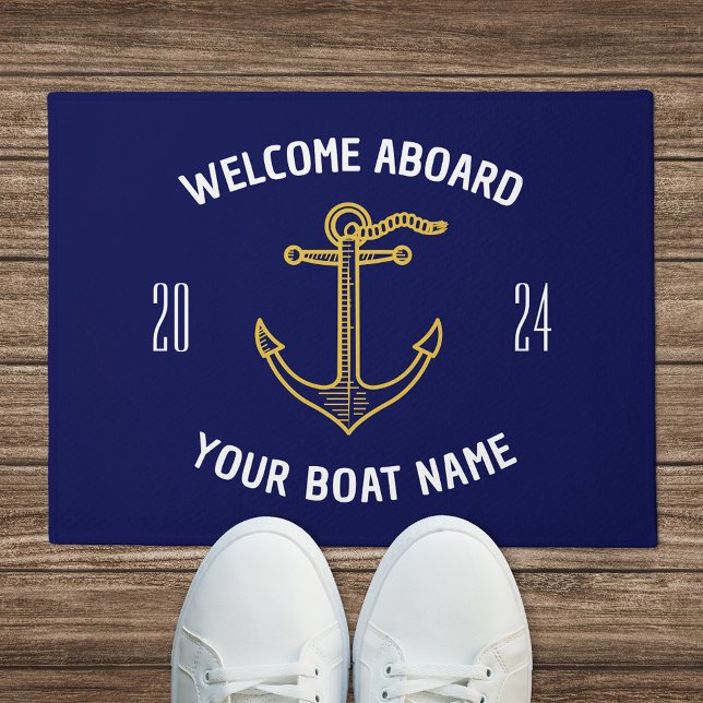 Custom Welcome Aboard Boat Name Navy Blue Gold Doormat (Creator Uploaded)