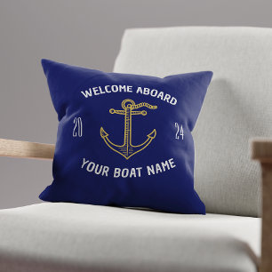 Custom Welcome Aboard Boat Name Navy Blue & Gold Throw Pillow