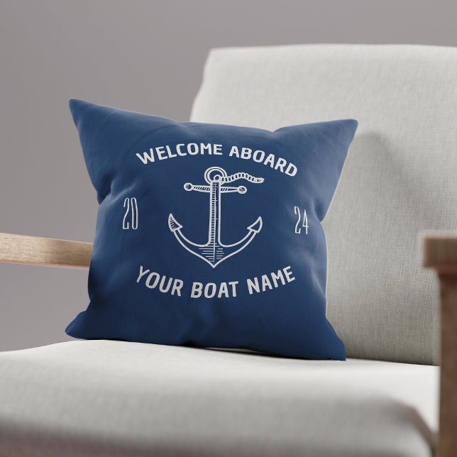 Custom Welcome Aboard Boat Name Navy Blue Throw Pillow (Creator Uploaded)
