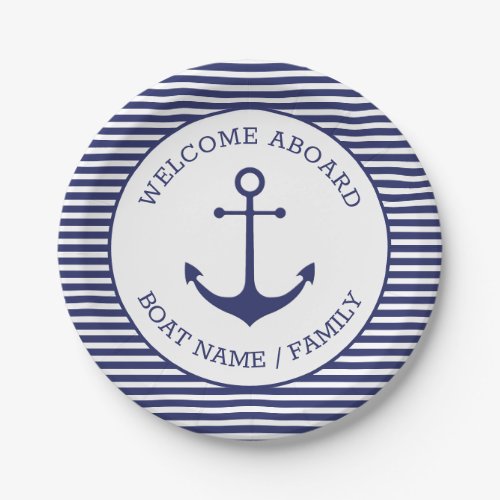 Custom Welcome Aboard nautical anchor blue stripes Paper Plates