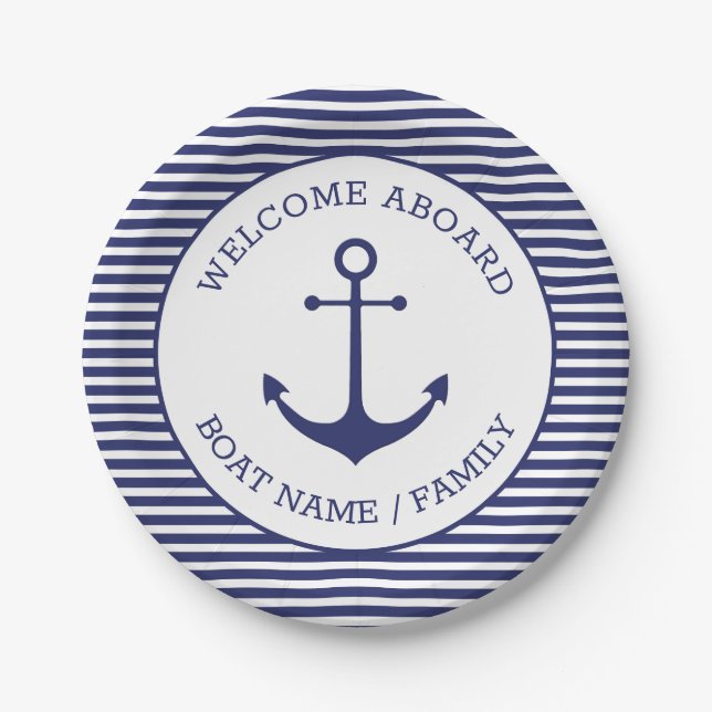 Custom Welcome Aboard nautical anchor blue stripes Paper Plates (Front)