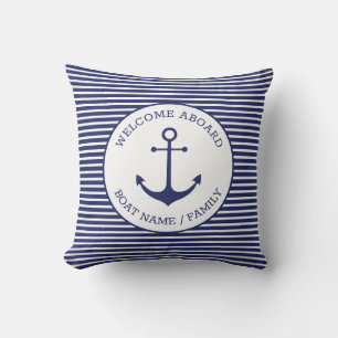 Custom Welcome Aboard nautical anchor blue stripes Throw Pillow
