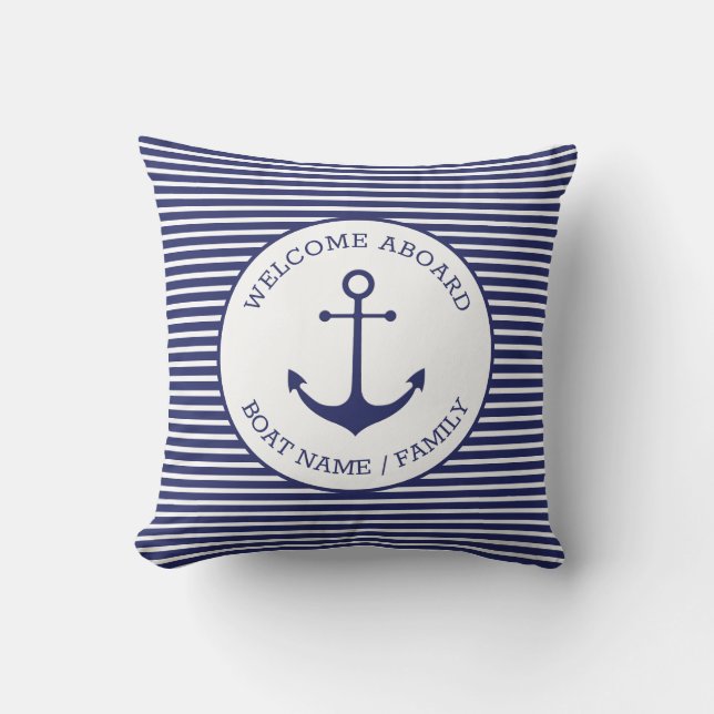 Custom Welcome Aboard nautical anchor blue stripes Throw Pillow (Front)
