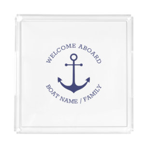 Custom Welcome Aboard nautical anchor blue white Acrylic Tray