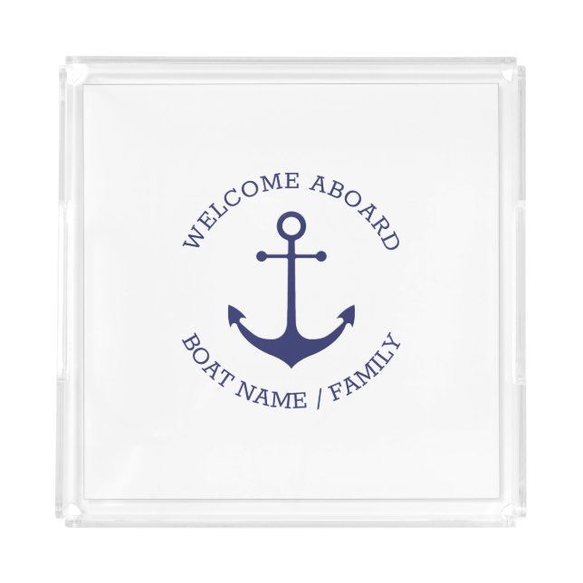 Custom Welcome Aboard nautical anchor blue white Acrylic Tray (Front)
