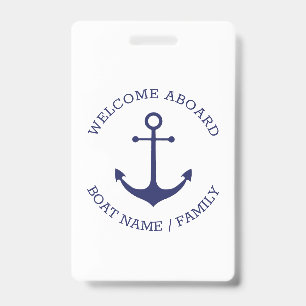 Custom Welcome Aboard nautical anchor blue white Badge