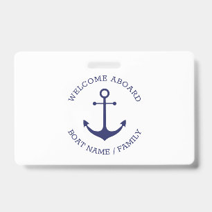 Custom Welcome Aboard nautical anchor blue white Badge