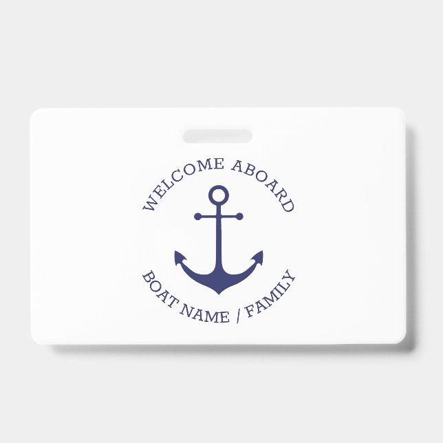 Custom Welcome Aboard nautical anchor blue white Badge (Front)