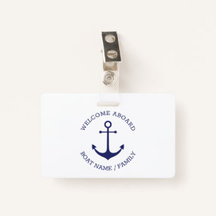 Custom Welcome Aboard nautical anchor blue white Badge