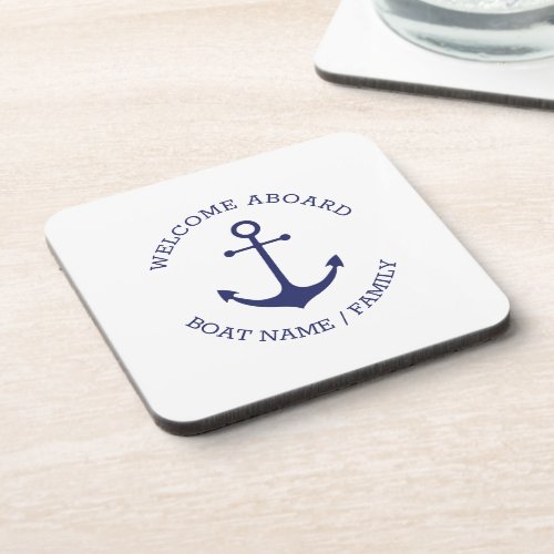 Custom Welcome Aboard nautical anchor blue white Beverage Coaster