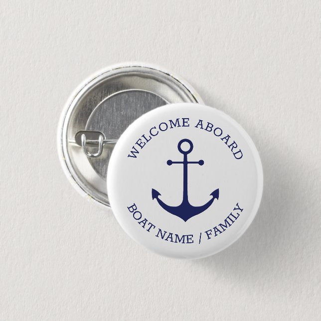 Custom Welcome Aboard nautical anchor blue white Button (Front & Back)