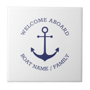 Custom Welcome Aboard nautical anchor blue white Ceramic Tile