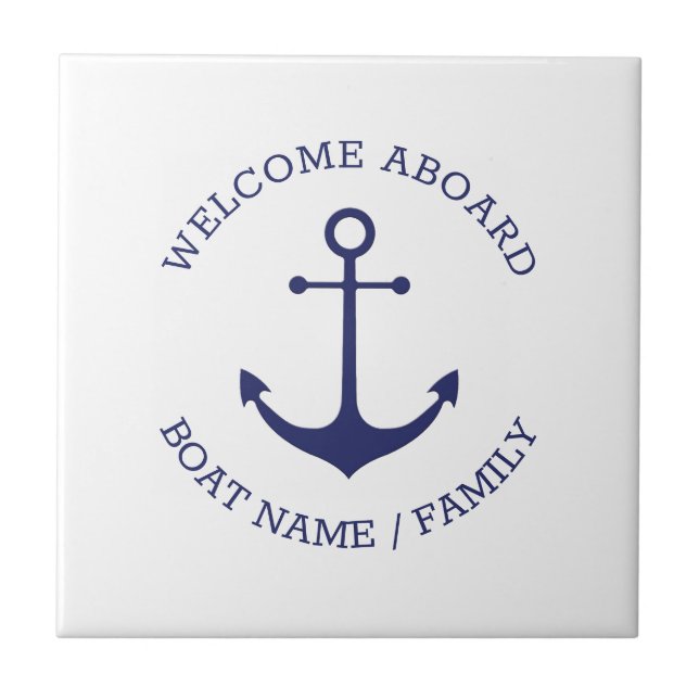 Custom Welcome Aboard nautical anchor blue white Ceramic Tile (Front)