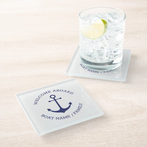 Custom Welcome Aboard nautical anchor blue white Glass Coaster