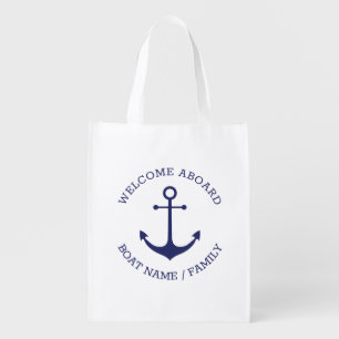 Custom Welcome Aboard nautical anchor blue white Grocery Bag