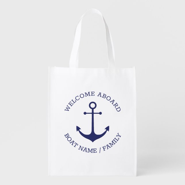 Custom Welcome Aboard nautical anchor blue white Grocery Bag (Front)